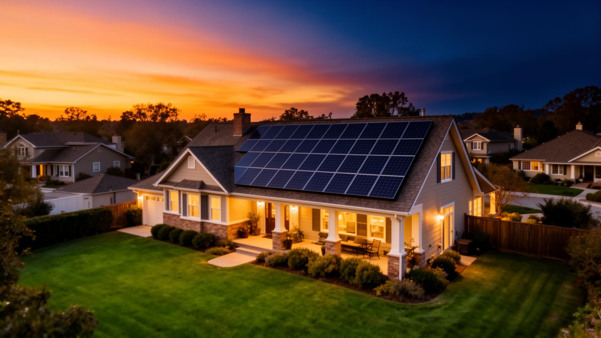 Modern American home with rooftop solar panels at golden hour sunset